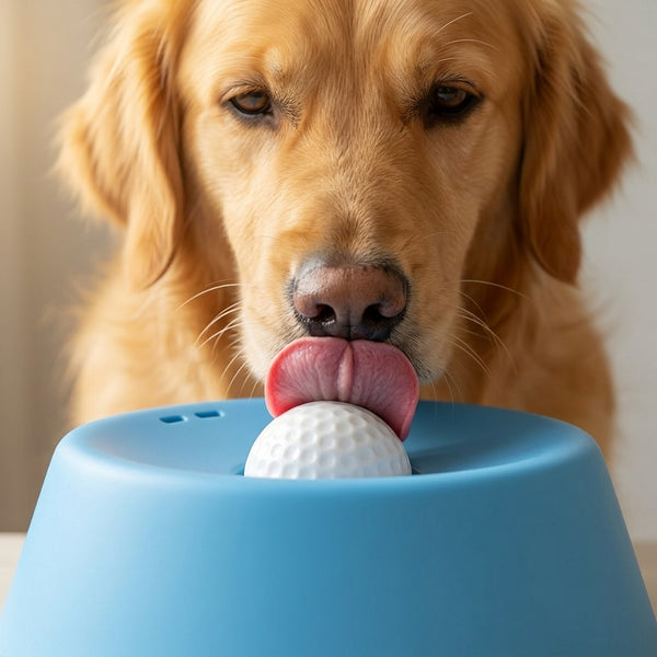 Dog licks around the rolling ball